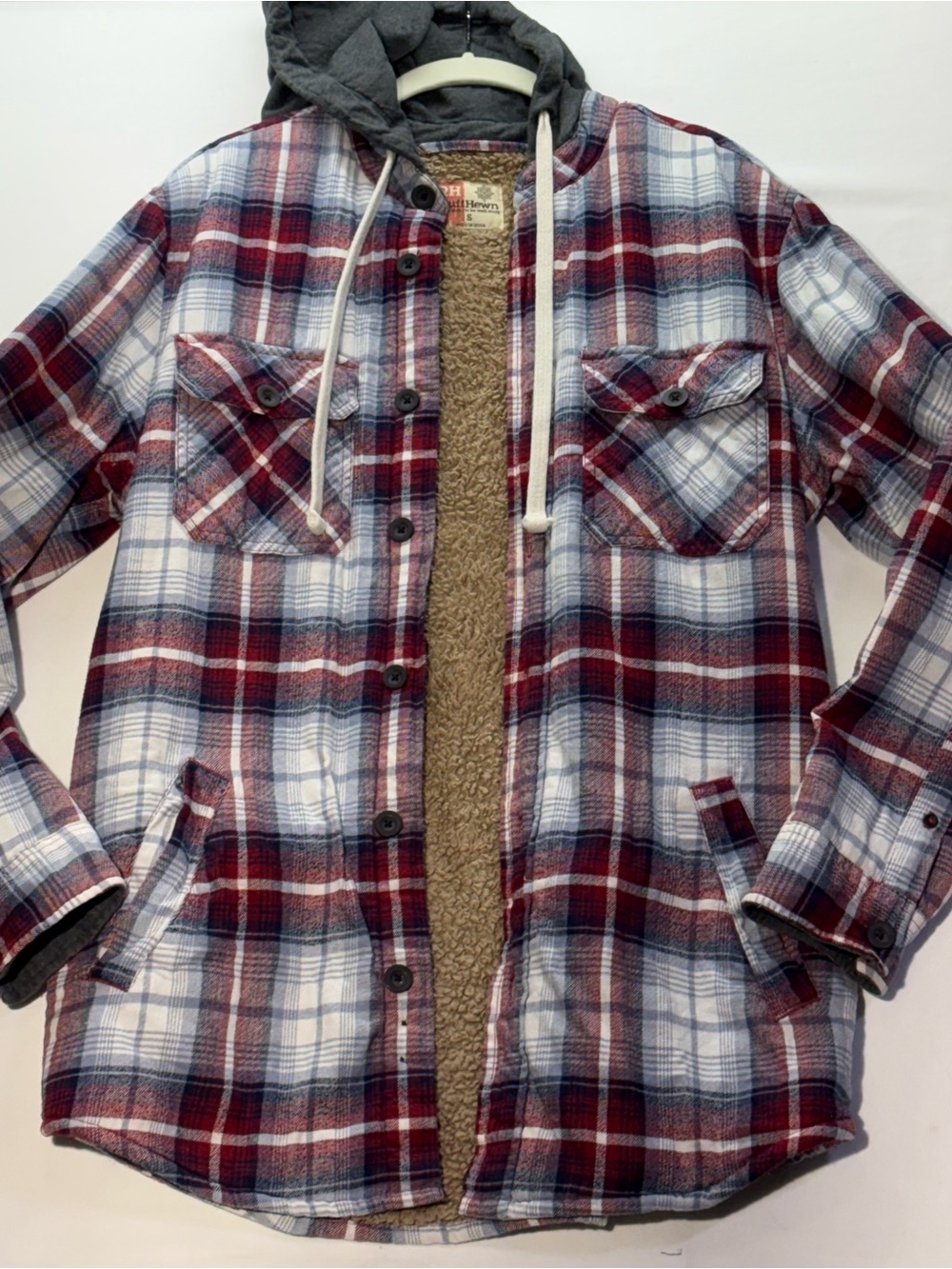 Ruff Hewn Plaid (Sherpa-Lined) Hooded Shirt Jacket - Red/White/Blue